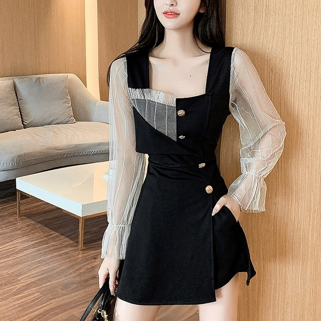 여성 슬림핏 스퀘어넥 쉬폰 시스루 미니 원피스