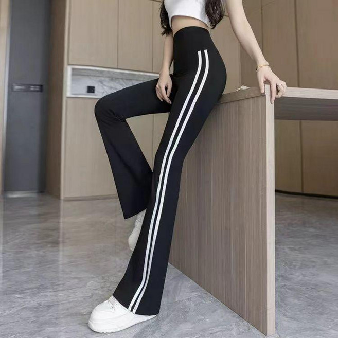 條紋黑色微喇運動褲女 高腰顯瘦喇叭褲