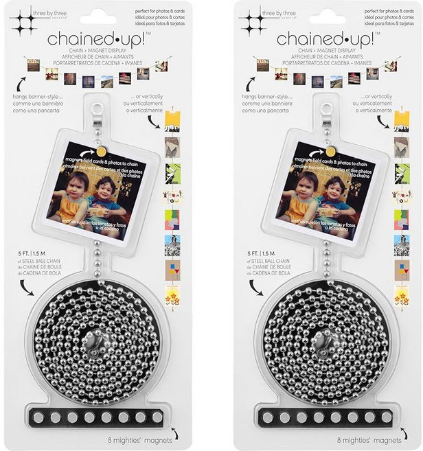 Three by Seattle Chained·up! 자석 디스플레이 (2팩) - 1.5m(5피트) 볼 체인 + 희토류 사진 카드 및 기념품을 수직 또는 수평으로 걸 수 있습니