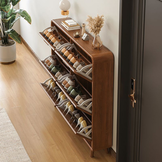 페이셜비 고급 신발장 캐비넷 플랩형 현관 신발 정리대 슬림 폴딩 수납장, 3단, 갈색