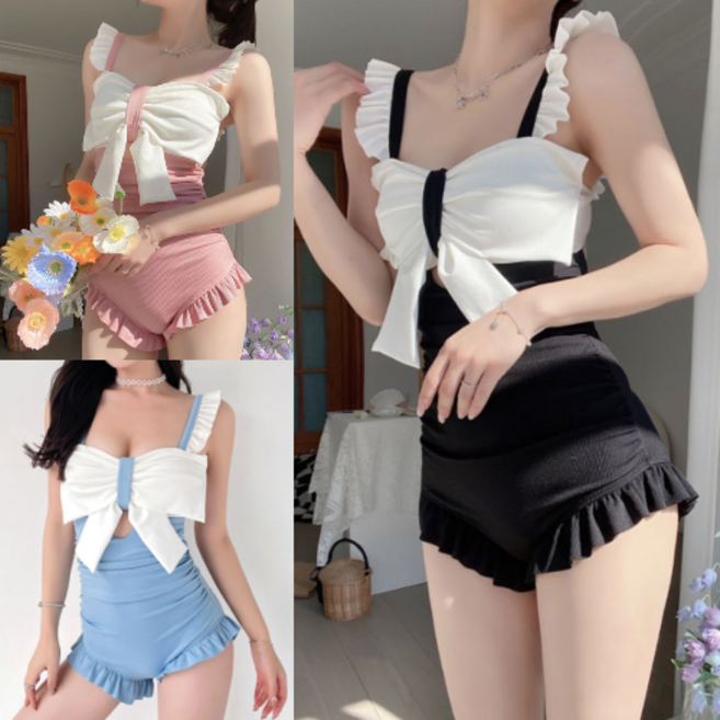 44-66 화이트 왕리본 프릴 셔링 모노키니 모노비키 호캉스 호텔 체형커버 원피스 수영복, 왕리본프릴모노키니_블랙55