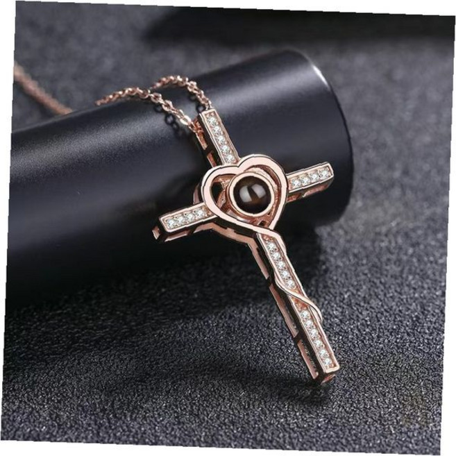 종교 십자가 펜던트 다국어 문구 각인 분홍금색 체인 목걸이 남녀 커플 선물