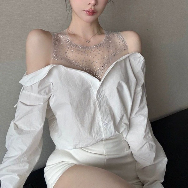 VEZRI 여성 봄 가을 디자인감 셔츠 레이스 긴팔 오프숄더 투피스 섹시 F88