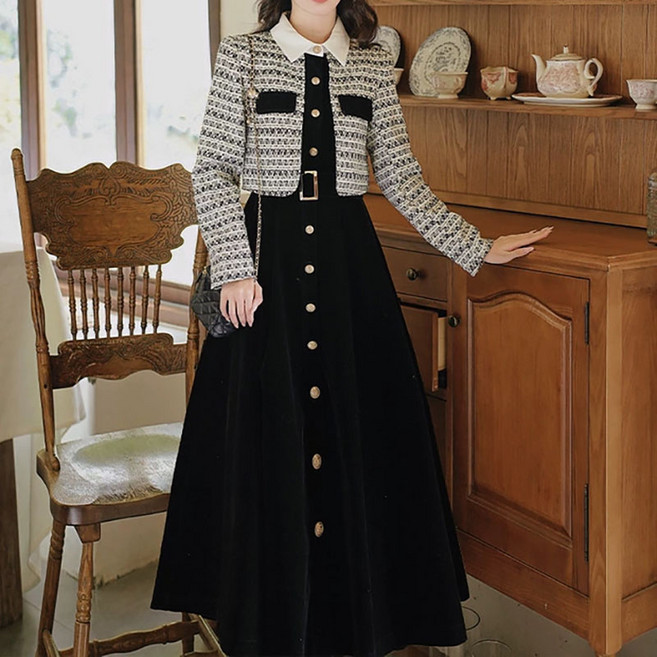 슬림소녀 여성 봄가을 니트 모직 긴팔 세트 원피스 투피스 슬림 스커트 이너 니트