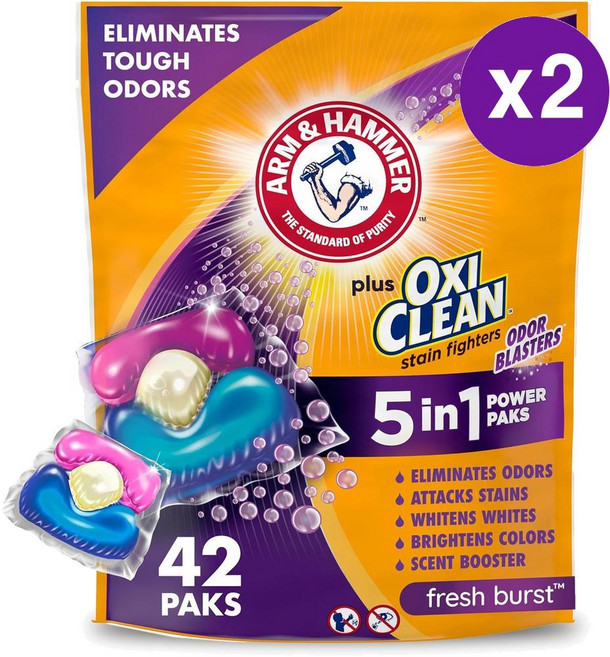 암앤해머 5-IN-1 파워팩 프레쉬 버스트 42개입 0.84kg 2개 Arm & Hammer Plus OxiClean With Odor Blasters, 2개