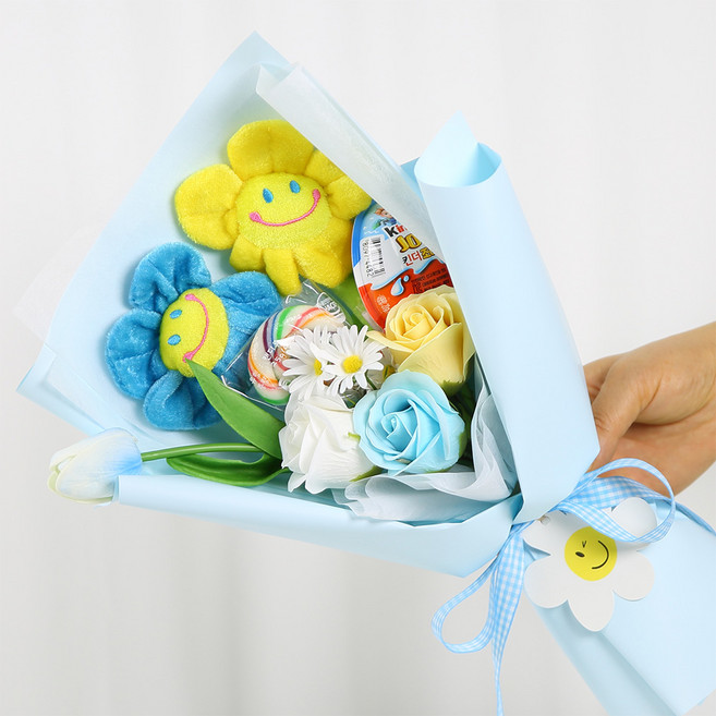 스마일꽃 롤리팝 킨더조이 꽃다발, 블루옐로우