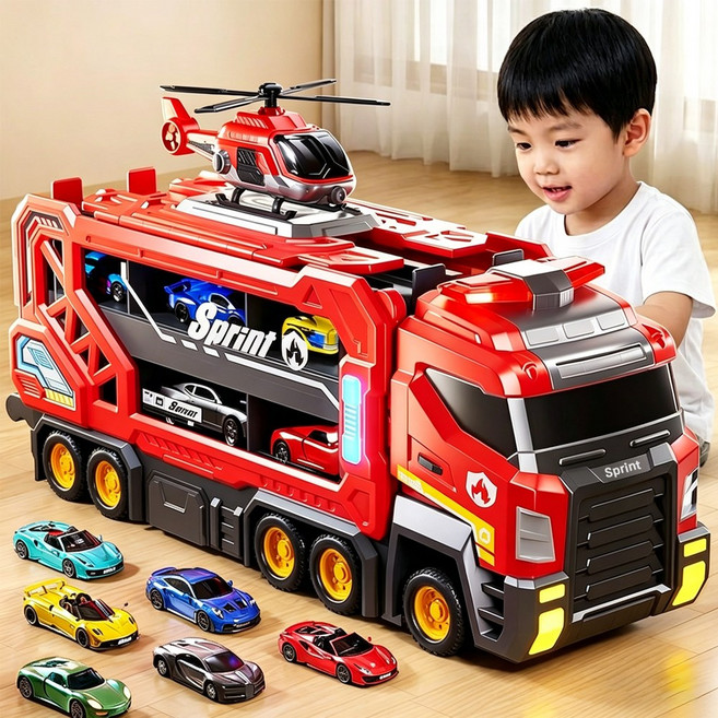 Shipshape 변신 대형 트럭 완구 슈팅트랙 레이싱 아동용 자동차 운반차 장난감 캐리어 미니카 주차장 헬리콥터 놀이 수납 세트, 1개, 레드