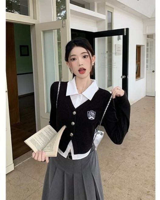 여성 골지 카라 셔츠 레이어드 이중 배색 자수 단추 슬릿 셔츠가디건 일체형