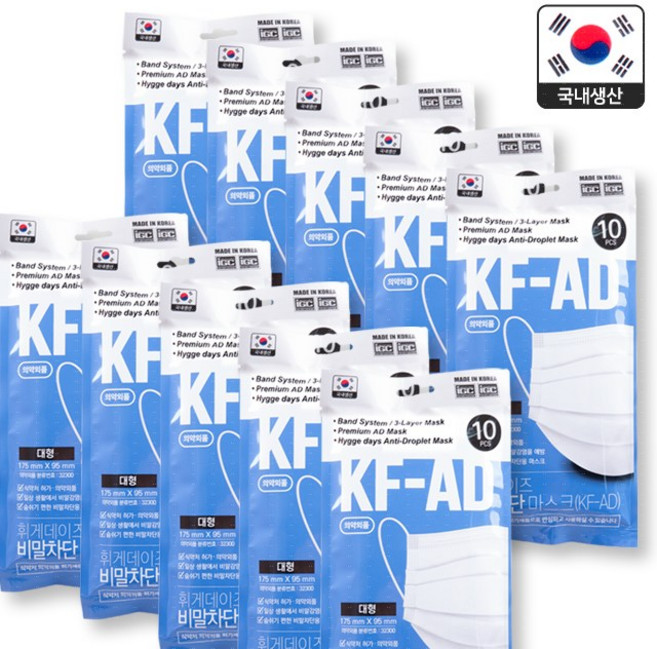 휘게데이즈 휘게데이즈 KF-AD 비말차단 마스크 대형 10매입 10개, 10개입