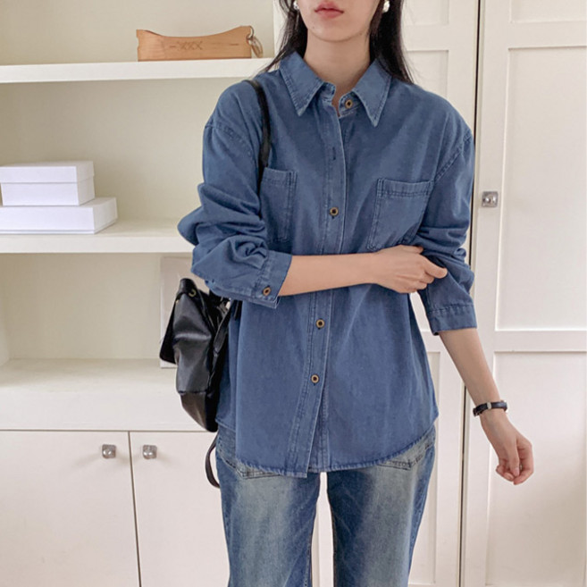 B173-1 데쿠드 빅사이즈여성의류 봄가을 데님 청남방 44-110