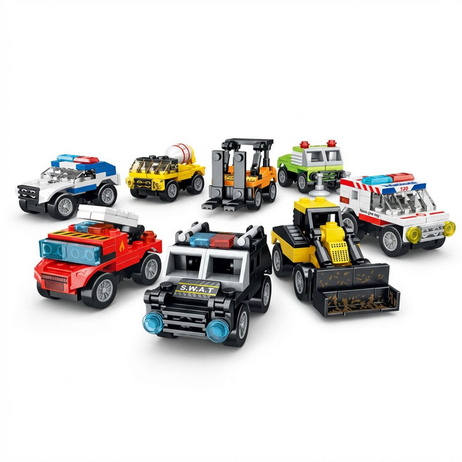 특수자동차 풀백 8종세트 호환 블록 /경찰차/레미콘/구급차/소방차/청소차/불도저/지게차/경찰특공대, 1세트