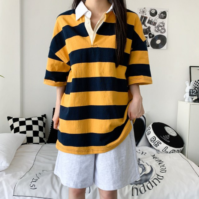 남녀공용/5col 트라이 루즈핏 단가라 스트라이프 카라 반팔 럭비 티셔츠