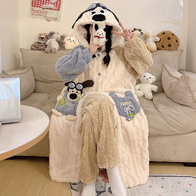 여성 겨울잠옷 귀여운 동물잠옷 홈웨어 잠옷 잠옷바지 세트 롱 원피스 잠옷