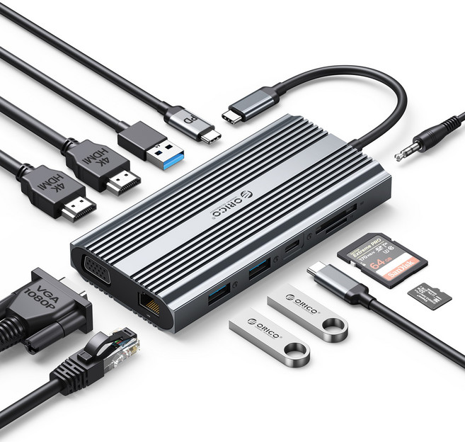 오리코 C타입 12in1 PD100W 충전 HDMI 4K 60Hz VGA 노트북 멀티허브 XDR-X11, 그레이, 1개