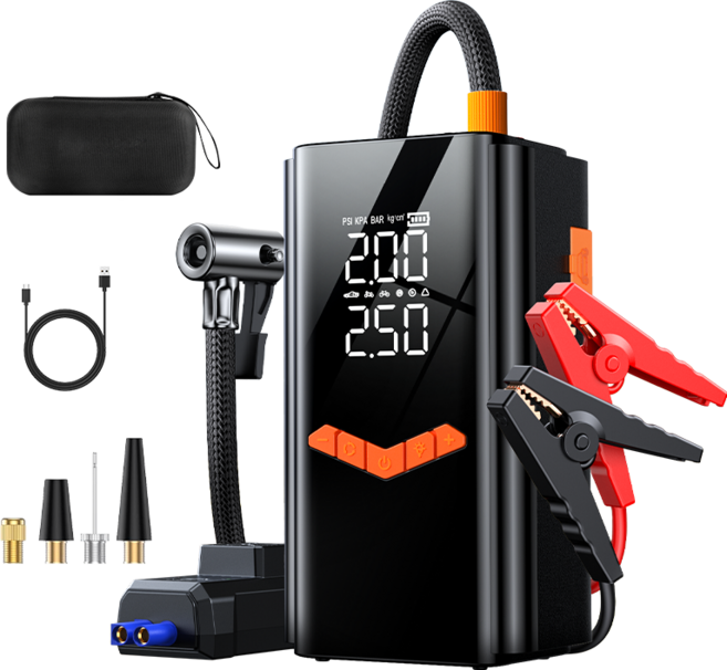 BUVAYE 공기 펌프 비상 전원 공급 장치 자동차 타이어 공기주입 무선 공기 펌프 10000mAh 저온 시동 전원 4in1 점프스타터, 검은색, 1개