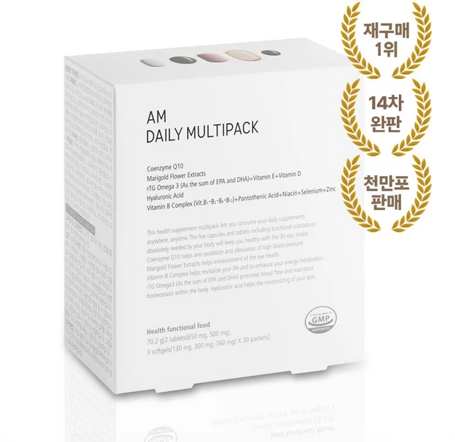 [공식몰 정품] 26년제조 에이엠 데일리 멀티팩 하루 한포 올인원 면역 활력 영양제 오메가3 히알루론산 루테인 코엔자임Q10 비타민B 1Box(5캡슐 30포), 없음, 1개, 70.2g - 쿠팡