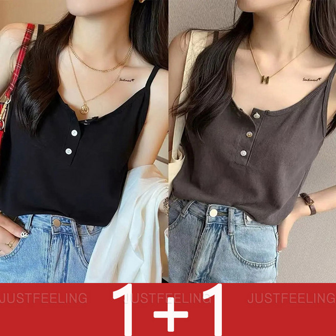 1+1 버튼 나시 티 루즈핏 빅사이즈 이너티 캐주얼 면티 민소매티 끈나시 2p JUSTFEELING