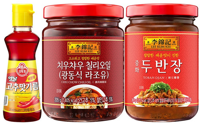 오뚜기 옛날 고추맛기름 210ml+이금기 치우챠우칠리오일 205g+중화두반장 368g(총 3개), 1세트, 783ml