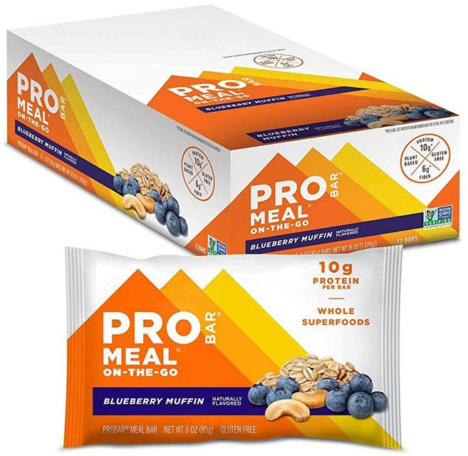 PROBAR 식사대용 바 초콜릿 코코넛 비GMO 글루텐 프리 유기농 인증 건강 식물 기반 천연 식품 성분 천연 에너지원 85g(3 온스) 12개입, 블루베리 머핀, 85g