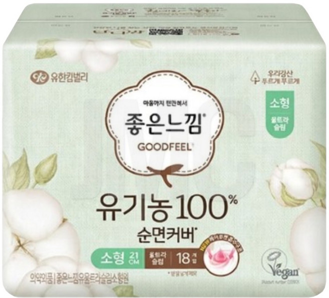 (좋은느낌)유기농 순면커버 울트라슬림 소형 18개입 1팩, 1세트