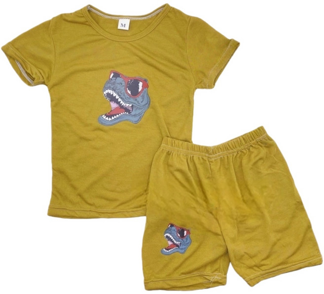 兒童短袖上衣與短褲套裝 足球與恐龍圖案 0130墨綠恐龍