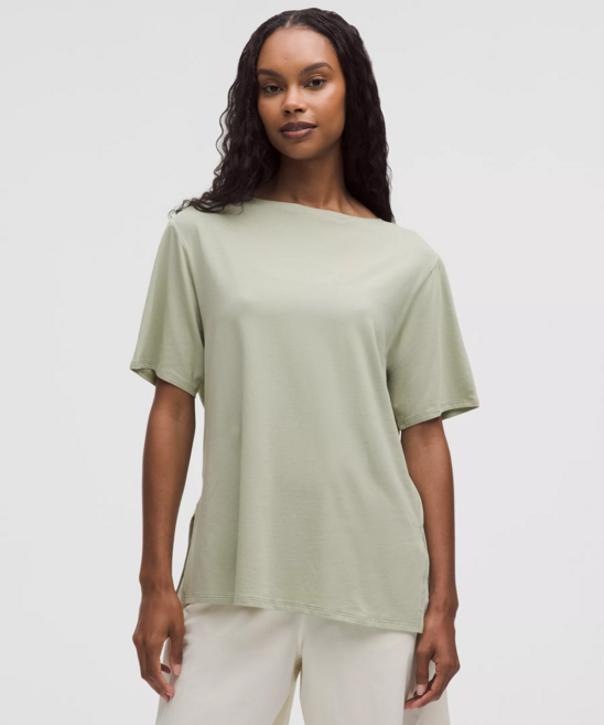 룰루레몬 릴랙스핏 보트넥 티셔츠 여성용 프리미엄 피마코튼 루즈핏 기본 반팔티 힙커버 헬스 운동티 매장판