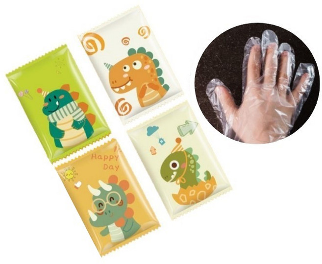 식약처 인증 휴대용 어린이 위생장갑 개별포장 파우치 100개(200매) 공룡4종세트, 1세트, 100개, M(3-5세)