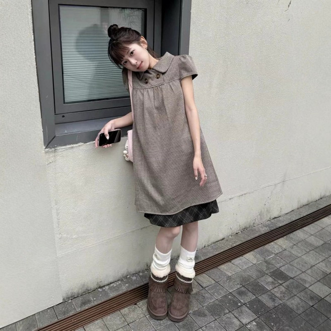 해피유통 여성 빈티지 체크 카라 원피스 루즈핏 스쿨룩 미니 드레스
