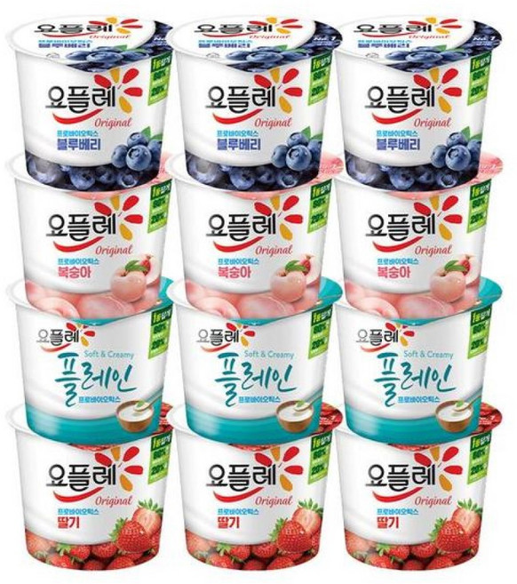 빙그레 요플레 180g12개(딸기3+복숭아3+플레인3+블루3)/무배, 180g, 12개