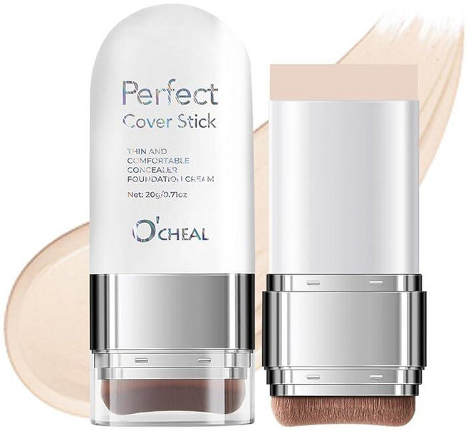 O'CHEAL 컨실러 파운데이션 스틱 2 in 1 롱래스팅 스틱 컨실러 브러시 포함 다크 서클 및 잡티를 위한 풀 커버리지 페이스 컨투어 08#옐로우 컴플렉션, 01 IVROY