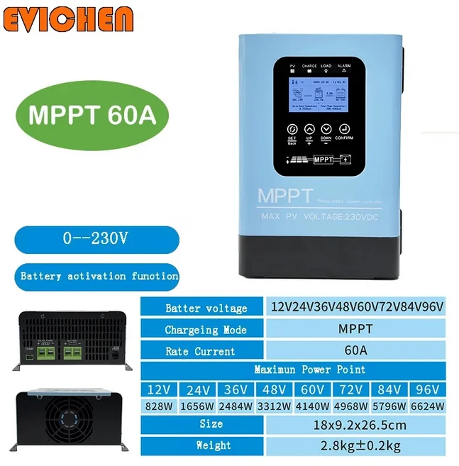 MPPT 30A 60A 120A 태양광 충전 컨트롤러 LCD 12V-96V Lifepo4 리튬 GELLead Acid 배터리용 PV 230V 최대 D, 01 BATTERY 12-96V, 02 MPPT60A PV230V, 1개