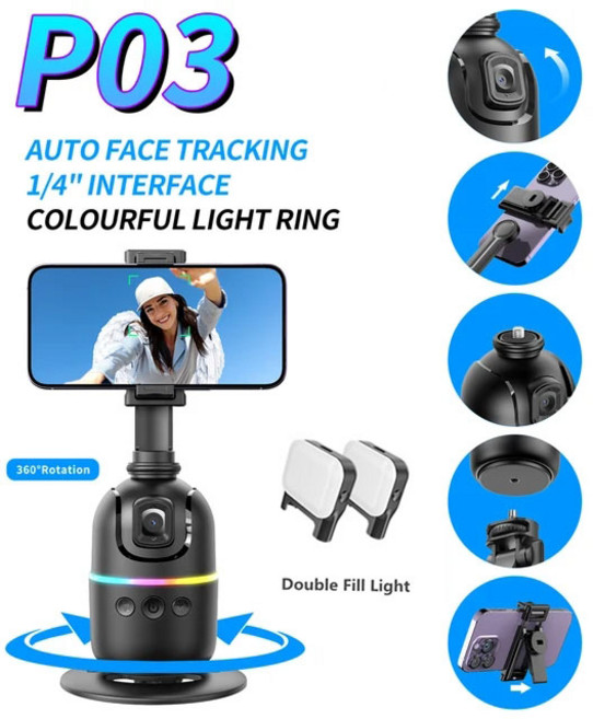 Selfieshow P03 짐벌 안정기 360 회전 초점 자동 얼굴 추적 삼각대 데스크탑 휴대폰 홀더 라이브/사진, 01 With light, 1개