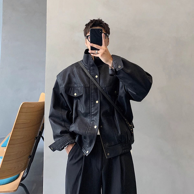 COSYEVNO 빈티지 가짜 투피스 재킷 남자 쇼트 와이드 칼라 라이더 코트