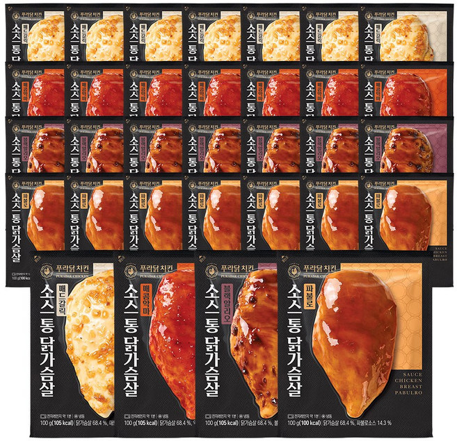 [무료배송/당일출고] 푸라닭 시그니처 소스 통 닭가슴살 4종, 100g, 32개