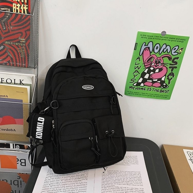 KDMILD 日系大容量後背包 復古工裝書包 韓版簡約筆電包 多隔層設計, 黑色 送零錢包