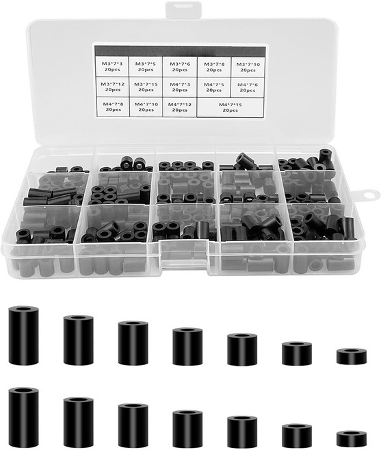 ABS 원형 와셔 조립품 절연 와셔 키트 나일론 나사 와셔 조립품 플라스틱 비나사형 스트럿 지지 와셔 나사용 여러 크기 보관 케이스 포함, 블랙 - M3.M4 - 280개, 1개