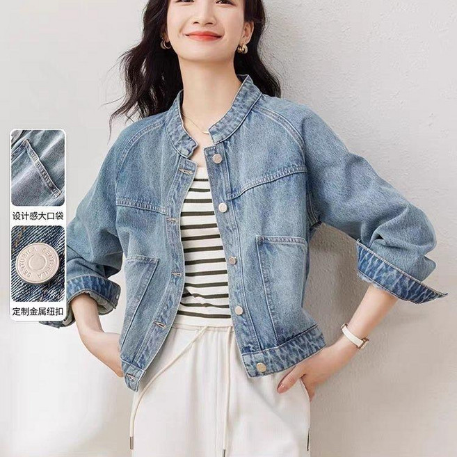 復古水洗牛仔短外套女 立領長袖上衣