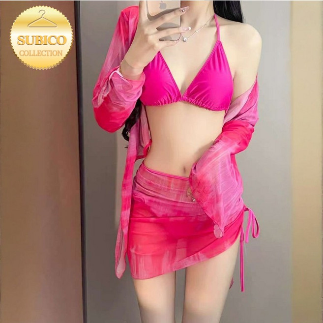 슈비코 4피스 비키니 세트 커버업 랩스커트 가디건 홀터넥 섹시 수영복, 핑크