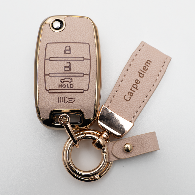 양면각인 기아 호환 카렌스 쏘렌토UM 쏘울 스포티지R 스포티지SL 스포티지QL 니로 K3 K5 카니발YP 리모컨 가죽 차키케이스 커버 폴딩 4버튼 키홀더 스트랩, KH17_TL46, 아이보리골드