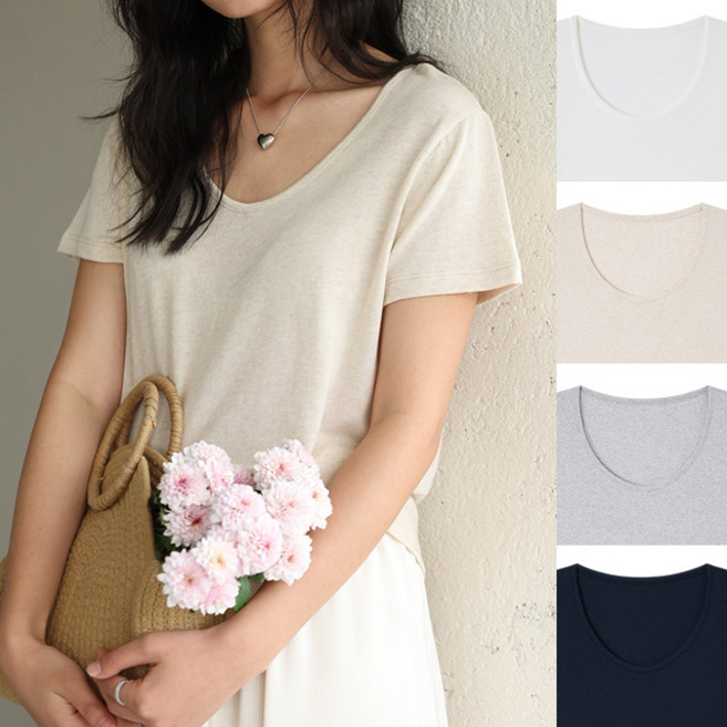 스토리원 WM-SSWT029 여성 리오셀&린넨 U넥 루즈핏 텐셀 티셔츠