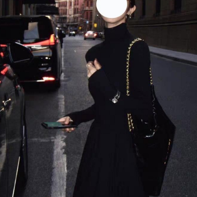 IBOY UGIRL XU0067C 여성 반폴라 올블랙 골지 롱원피스 도톰쉬폰원피스 임산부원피스