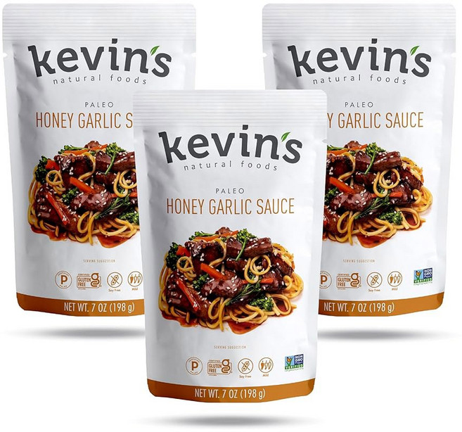 케빈의 천연 꿀 마늘 소스 - 팔레오 시머 볶음 소스 글루텐 프리 방부제 없음 비 GMO 3팩, Honey Garlic, 198g