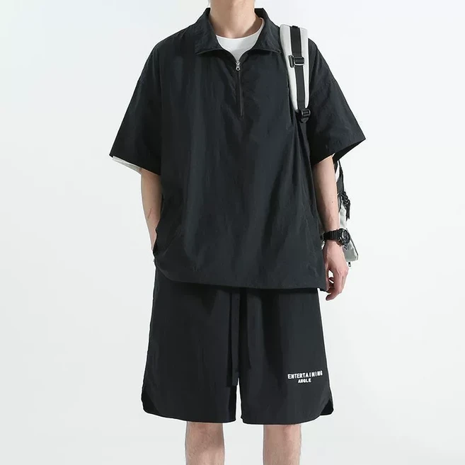 FINE ART 남자 여름 반집업 카라 트레이닝 세트 루즈핏 데일리 상하복