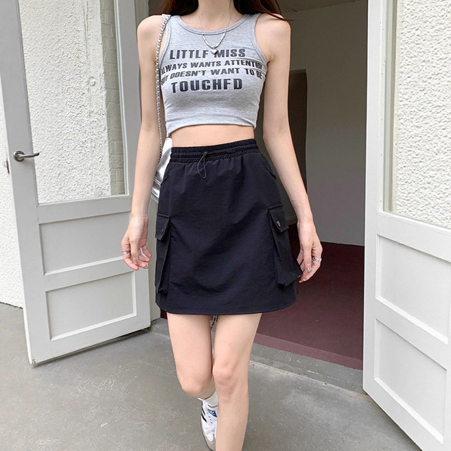 【高腰顯瘦】工裝短裙 短裙 半身裙 A字裙 百褶裙 美式復古 抽繩鬆緊腰 設計感小眾 夏季新款 辣妹穿搭