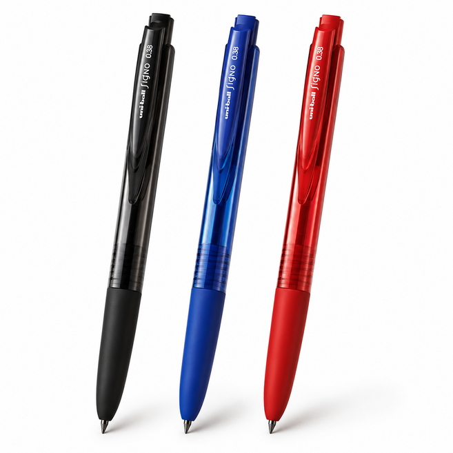 유니 중성펜 시그노 노크식 UMN-155 0.38mm 블랙(1개)+레드(1개)+블루(1개), 3개, 흑색 청색 적색