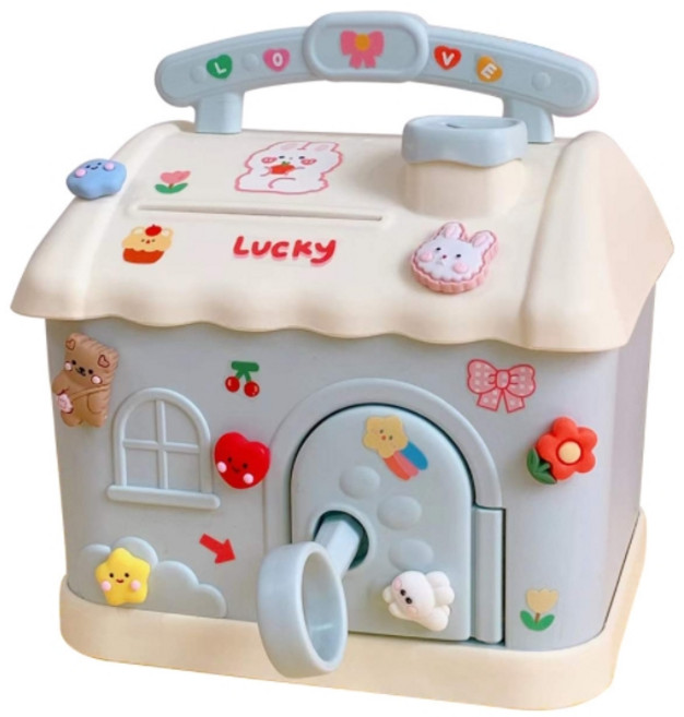 대용량 지폐 동전 DIY 하우스 스티커 금고저금통, 푸푸 블루