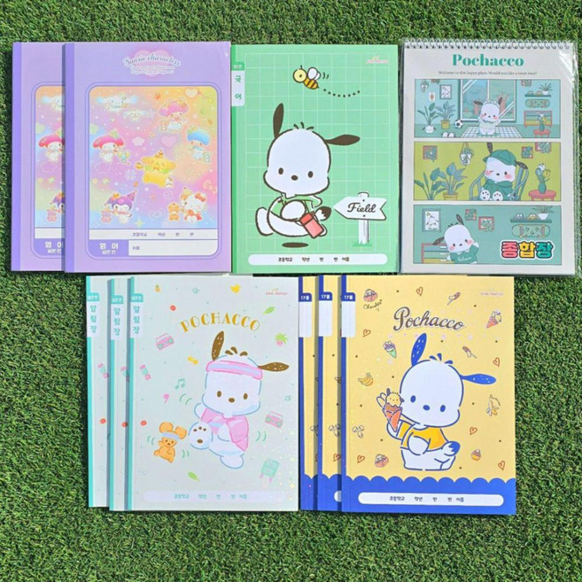 산리오 초등학교 필수 노트 공책 알림장 영어 일기장 종합장 국어, 1세트, 저학년 포차코 연두