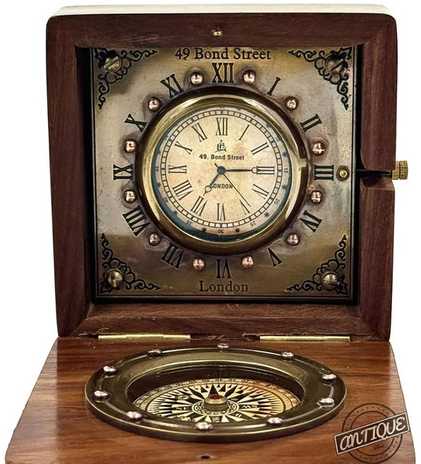 앤티크 바이브 나무 시계와 나침반 상자 침대 옆 책상 테이블 시계 아들 아빠 엄마의 딸을 위한 스팀펑크 수제 수집가 선물