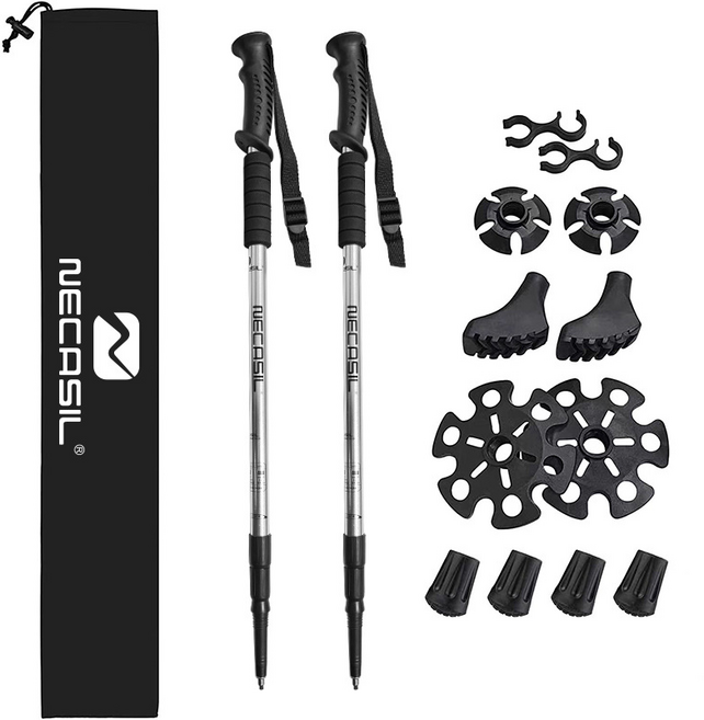 3단 초경량 등산 스틱(2개) + 스틱 커버 알루미늄 합금 소재 강력한 지지력 남녀 공용 다양한 환경에 맞춰 교체 가능한 부품 제공, 1세트, 은색