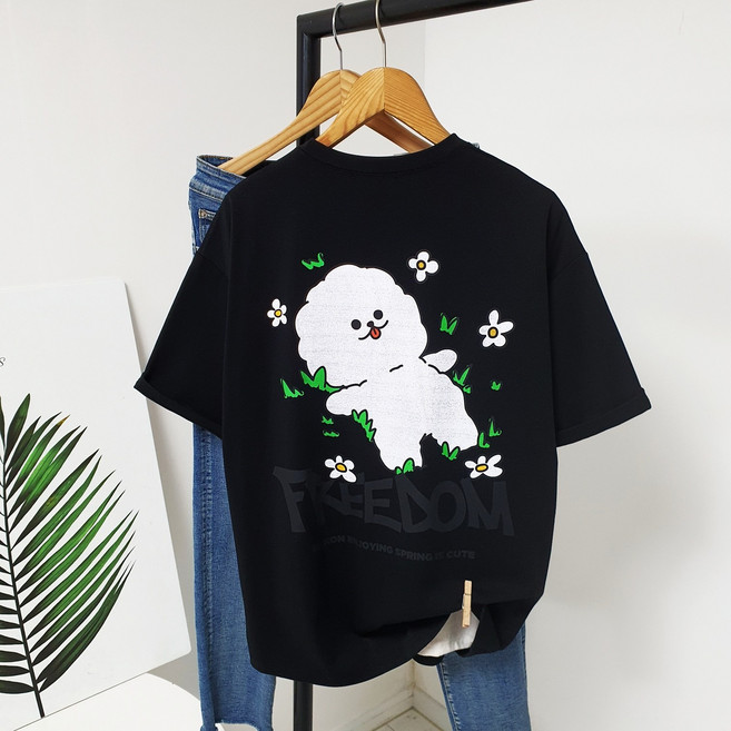 라베 아이스원단 케릭터 비숑 오버핏 남자 흰색 반팔티